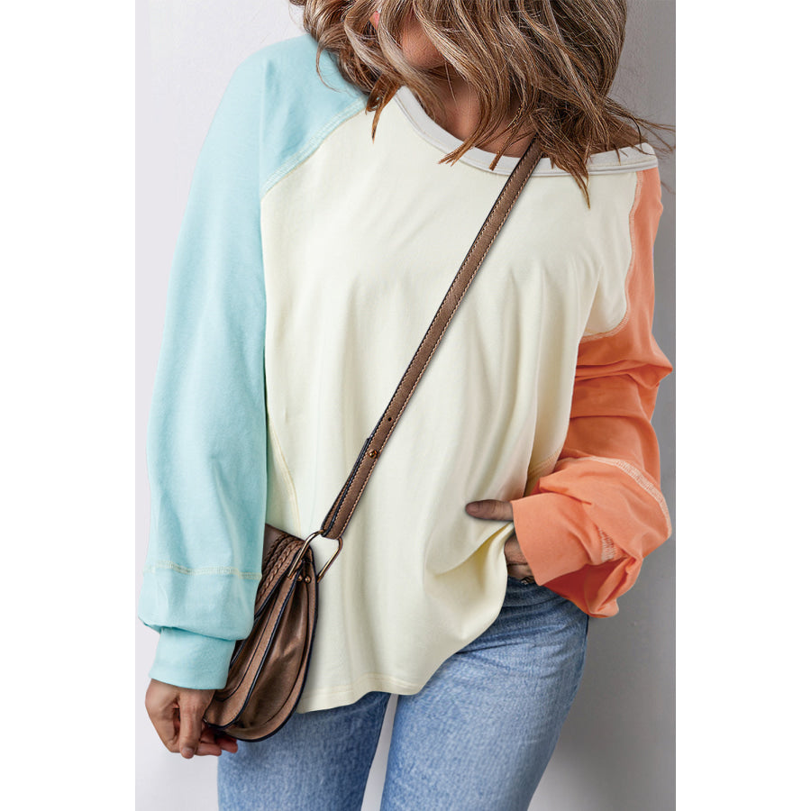Color Block Round Neck Long Sleeve T-Shirt Ivory / S Apparel and Accessories