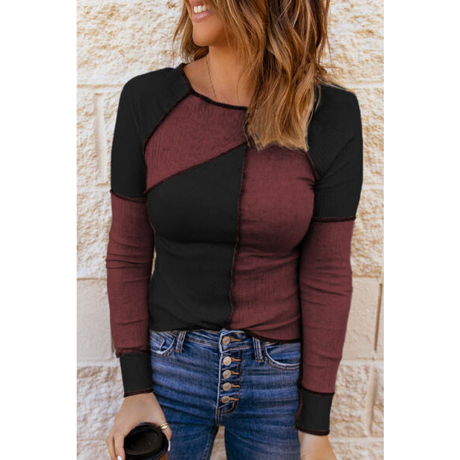 Color Block Round Neck Long Sleeve T - Shirt Wine / S Apparel and Accessories
