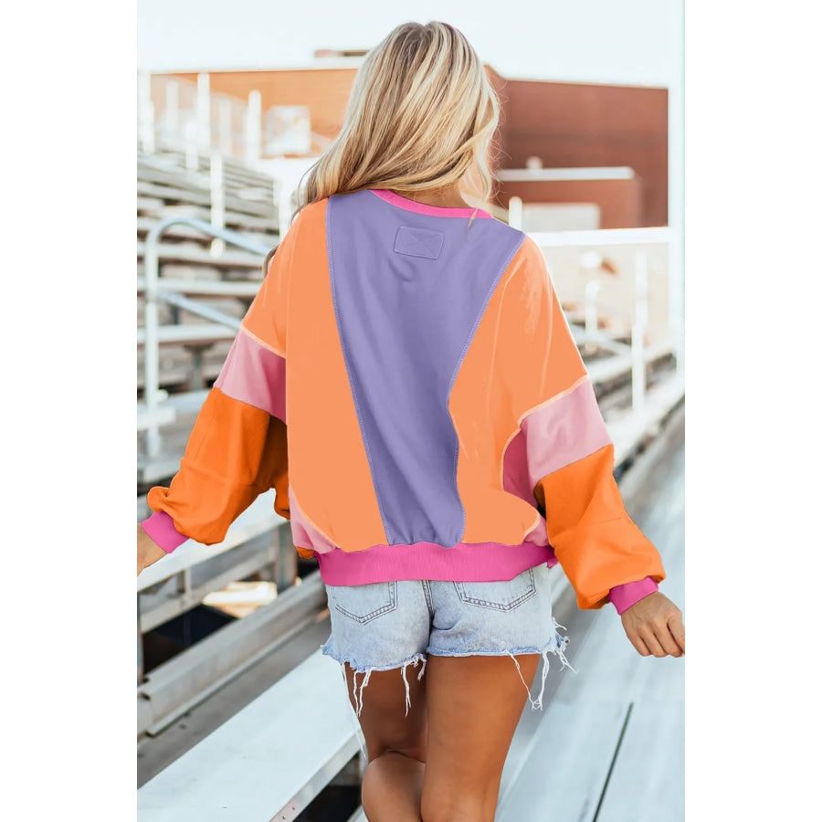 Color Block Round Neck Long Sleeve Top Apparel and Accessories