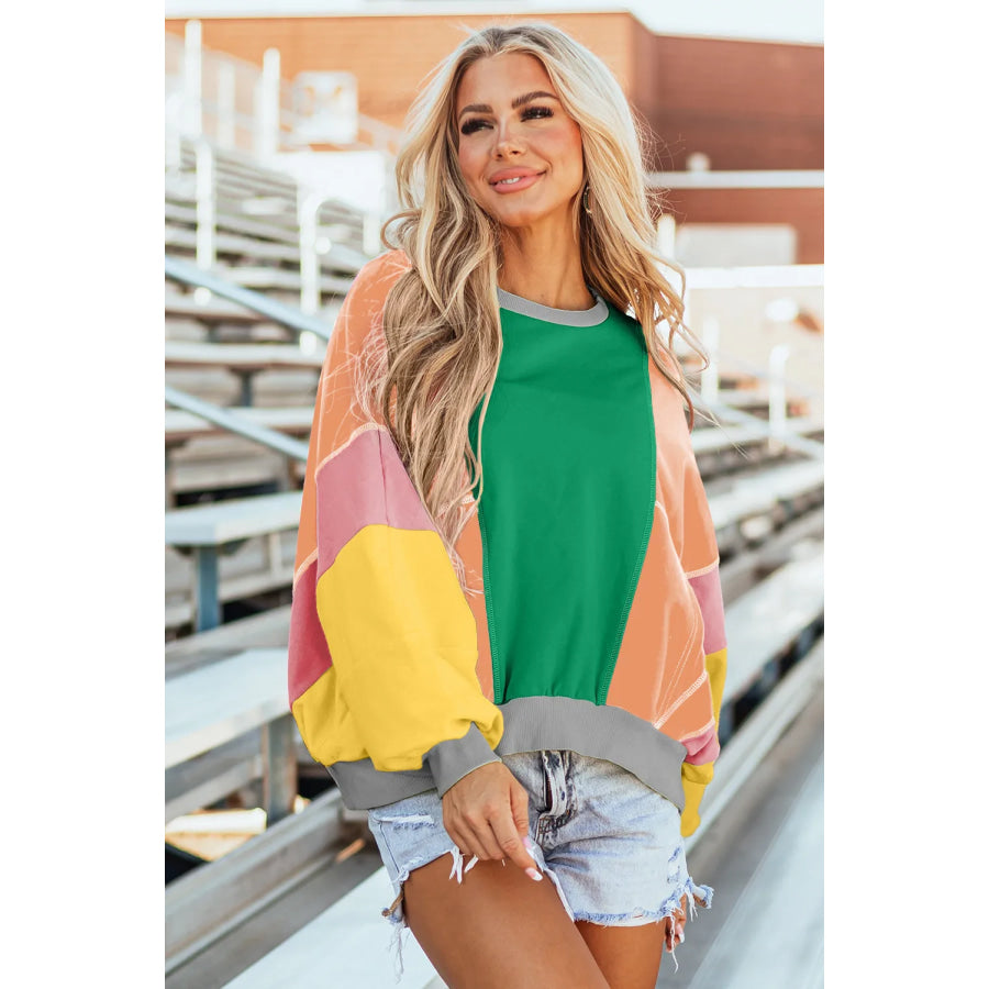 Color Block Round Neck Long Sleeve Top Apparel and Accessories