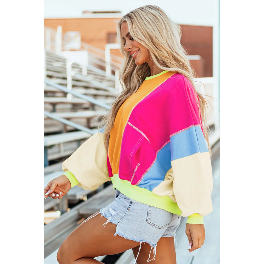 Color Block Round Neck Long Sleeve Top Apparel and Accessories