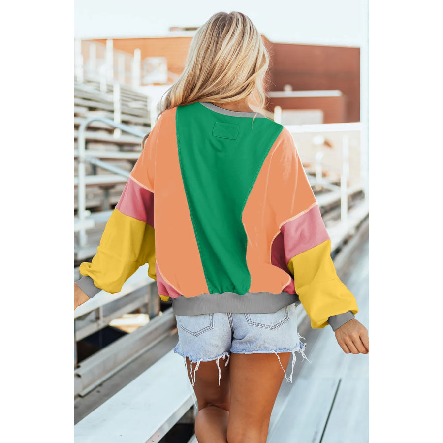 Color Block Round Neck Long Sleeve Top Apparel and Accessories