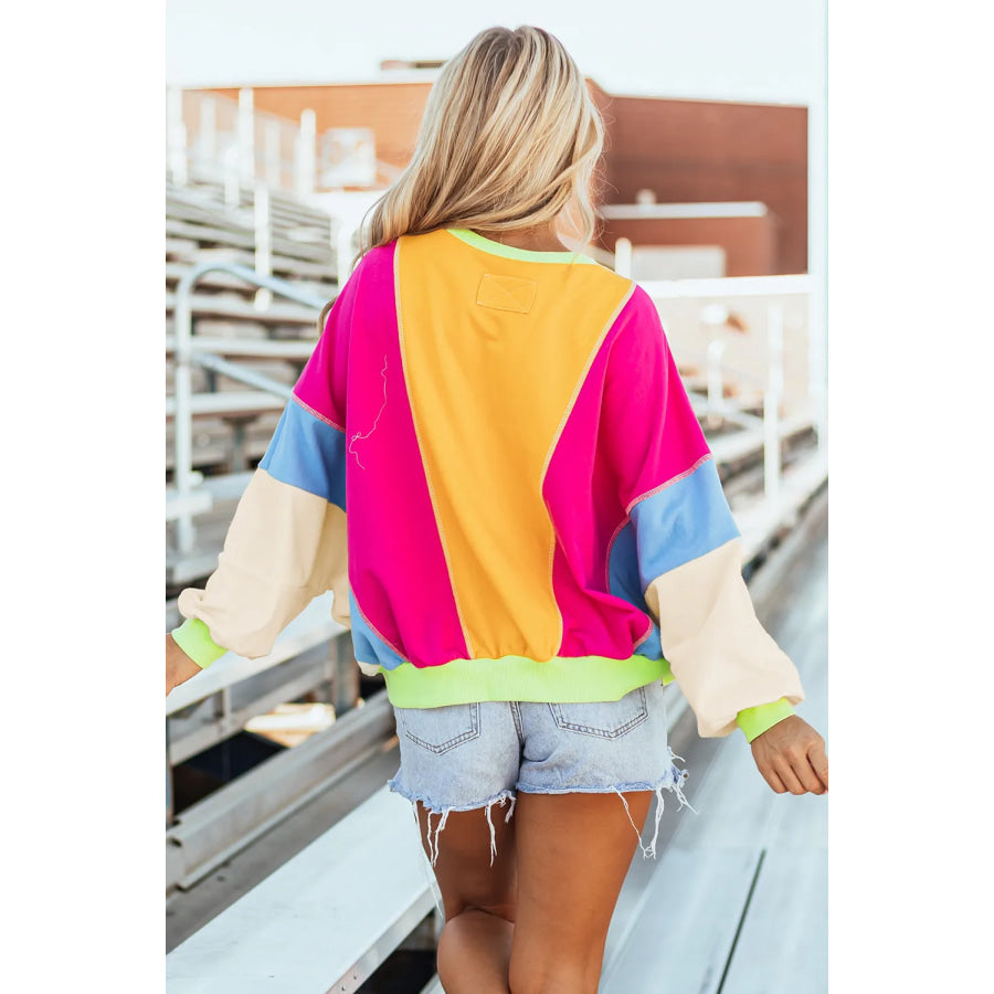 Color Block Round Neck Long Sleeve Top Apparel and Accessories