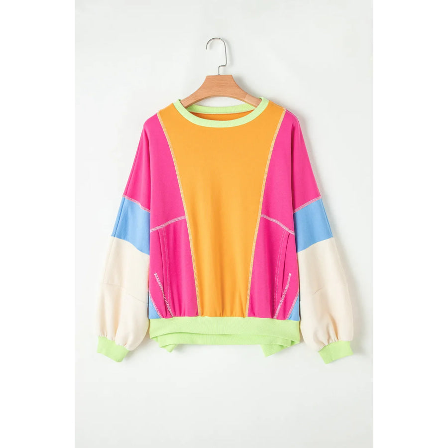 Color Block Round Neck Long Sleeve Top Apparel and Accessories