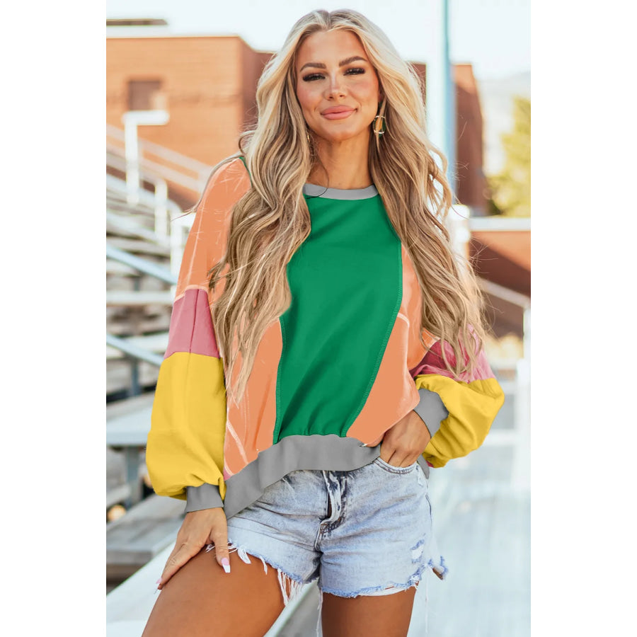 Color Block Round Neck Long Sleeve Top Dark Green / S Apparel and Accessories