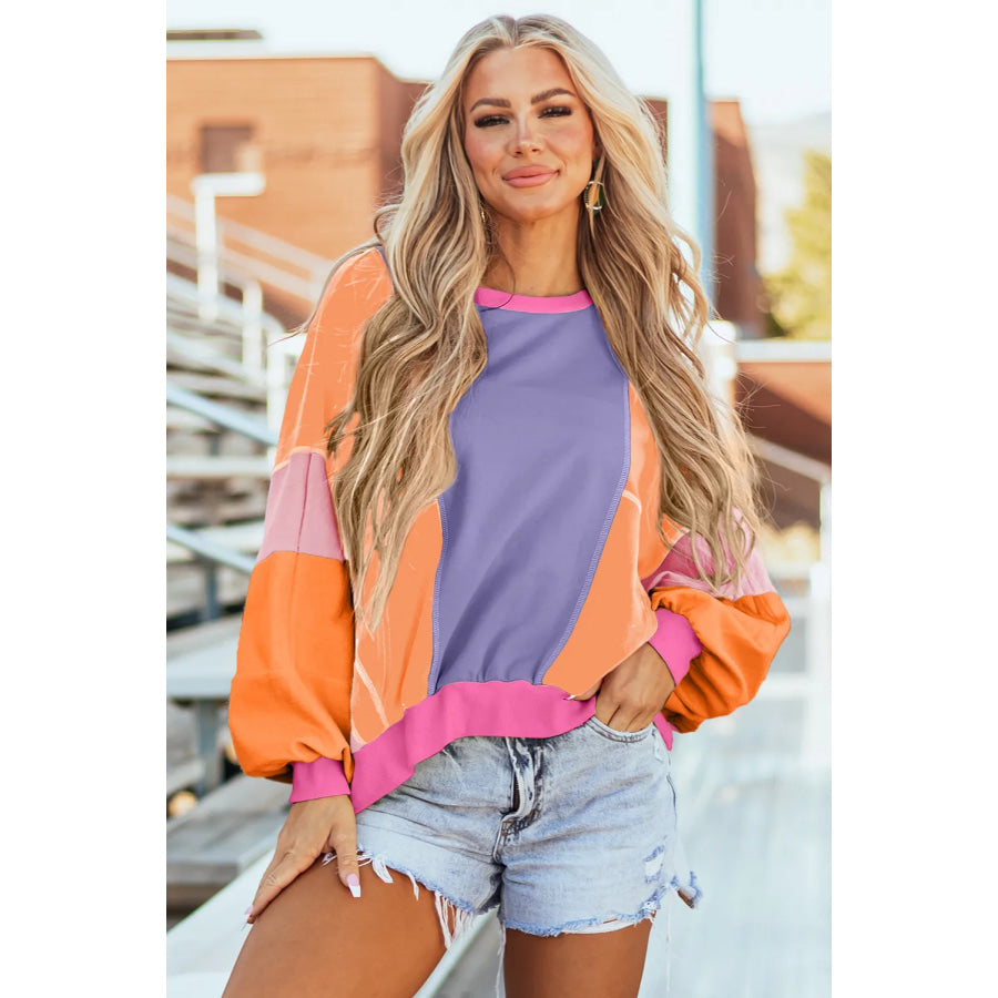 Color Block Round Neck Long Sleeve Top Lilac / S Apparel and Accessories