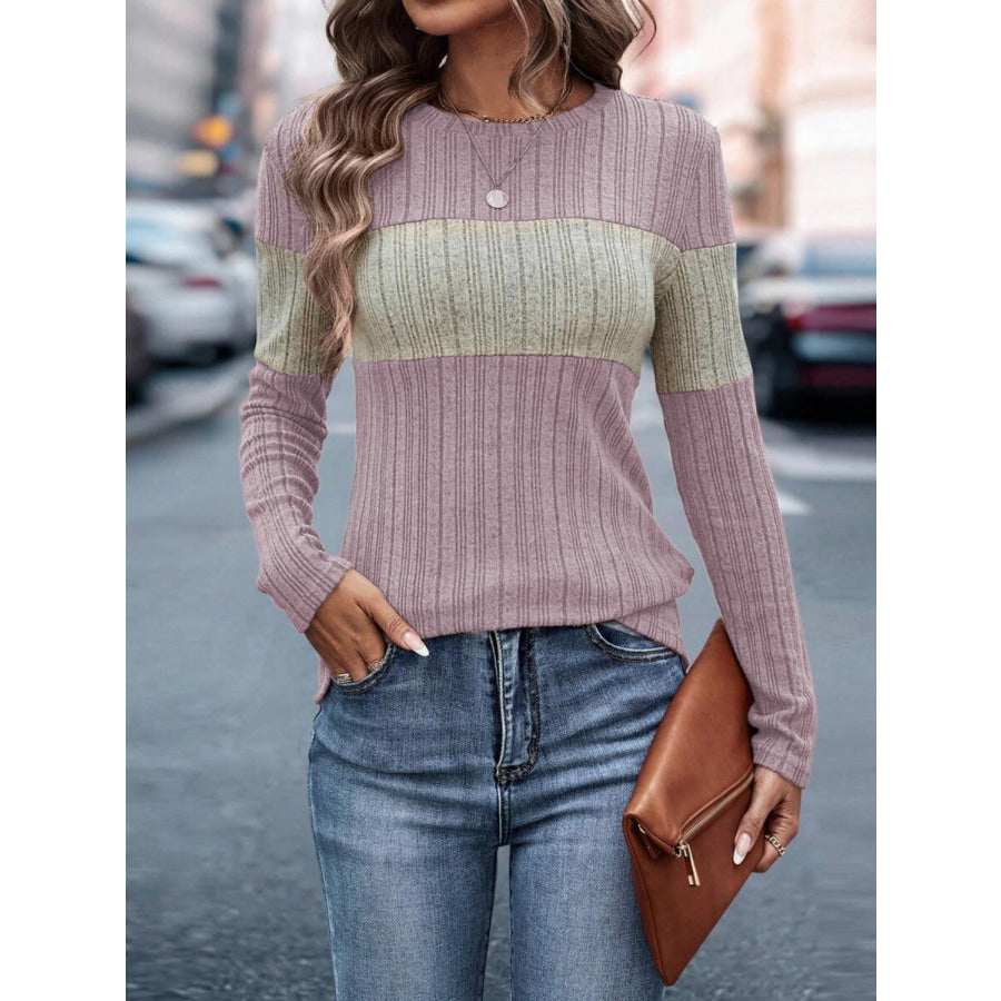 Color Block Round Neck Long Sleeve Top Pink Purple / S Apparel and Accessories