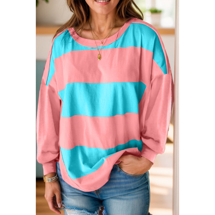 Color Block Round Neck Long Sleeve Top Pink / S Apparel and Accessories