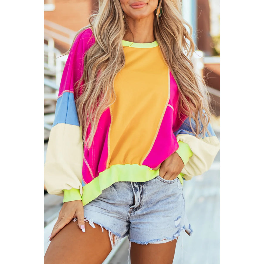 Color Block Round Neck Long Sleeve Top Tangerine / S Apparel and Accessories