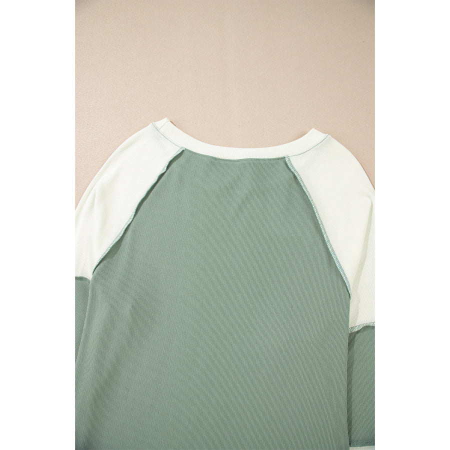 Color Block Round Neck Raglan Sleeve Top Apparel and Accessories