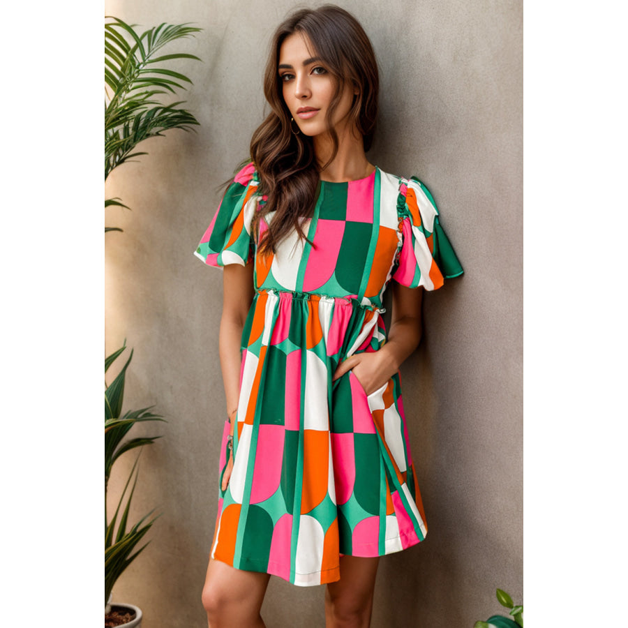 Color Block Round Neck Short Sleeve Dress Multicolor / S Apparel and Accessories