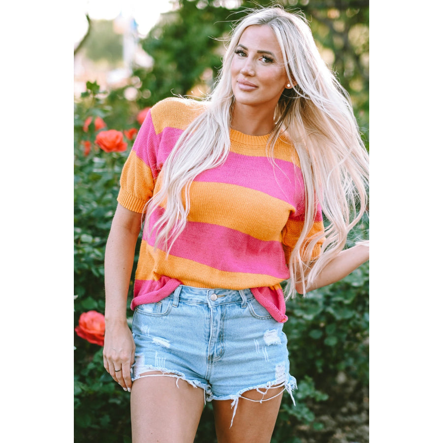Color Block Round Neck Short Sleeve Knit Top Fuchsia Pink / S Apparel and Accessories