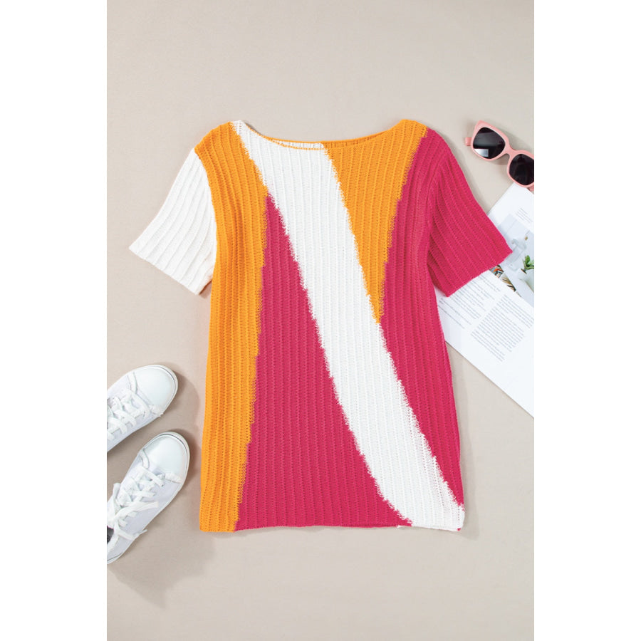 Color Block Round Neck Short Sleeve Knit Top Strawberry / S Apparel and Accessories