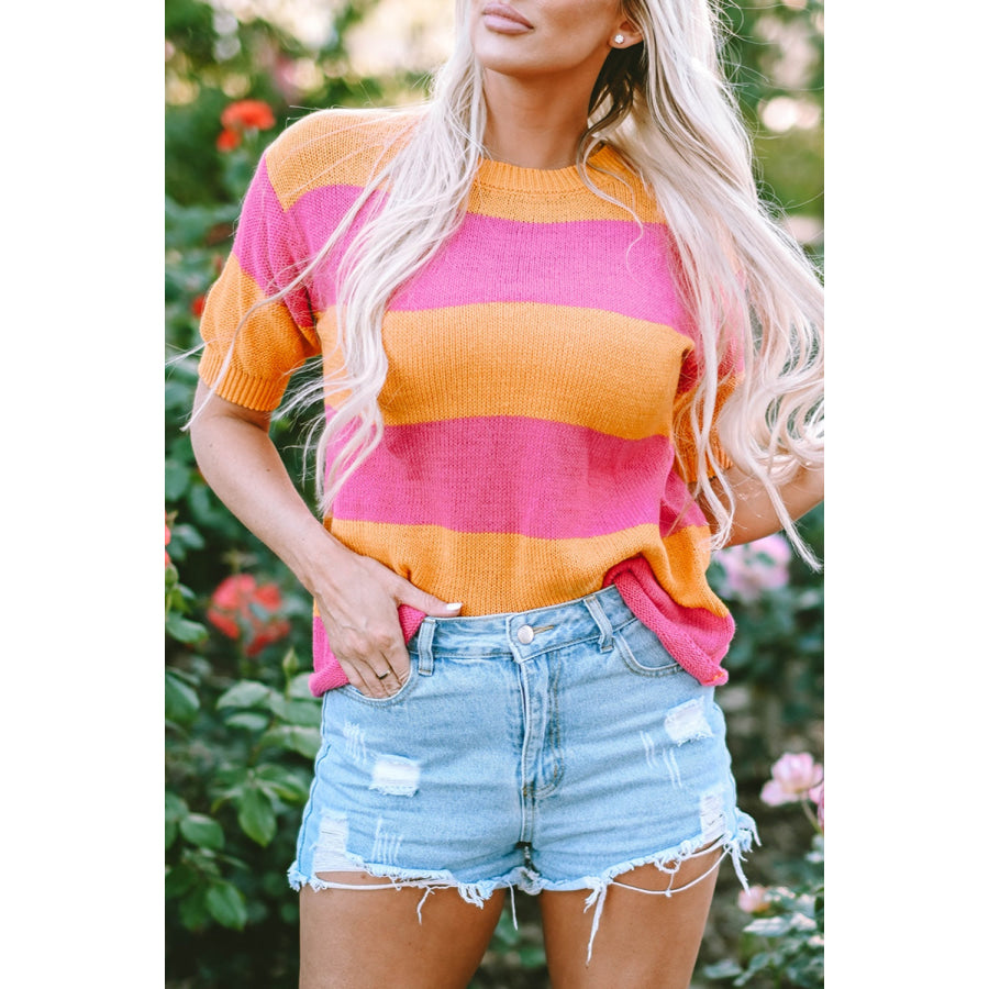 Color Block Round Neck Short Sleeve Knit Top Fuchsia Pink / S Apparel and Accessories