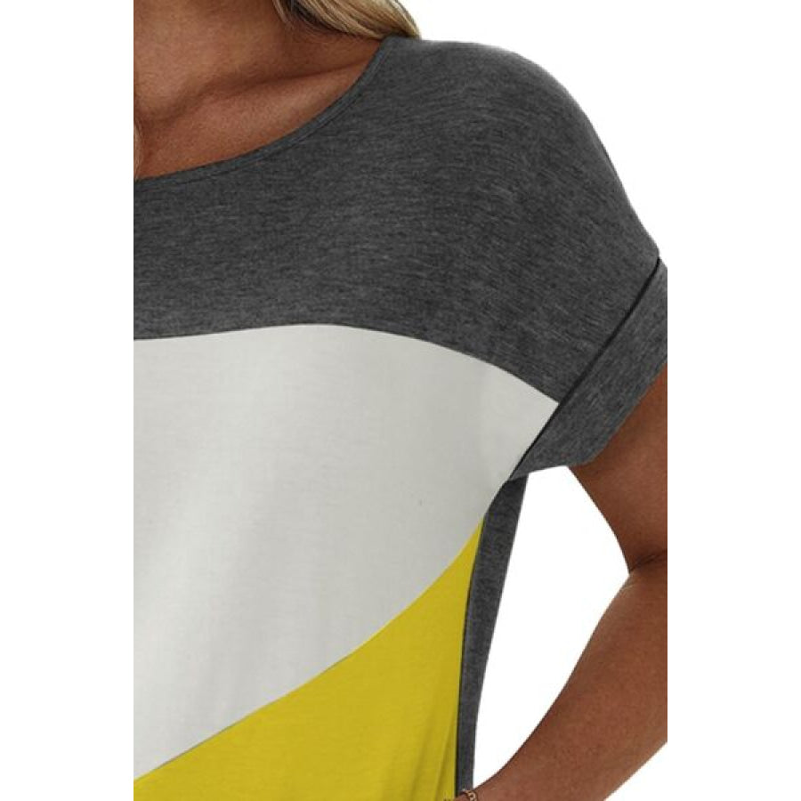 Color Block Round Neck Short Sleeve T - Shirt Apparel and Accessories