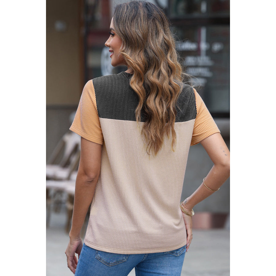 Color Block Round Neck Short Sleeve T - Shirt Apparel and Accessories