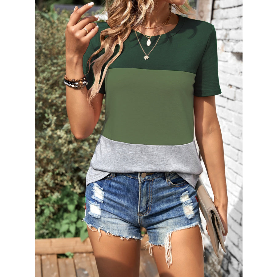 Color Block Round Neck Short Sleeve T-Shirt Apparel and Accessories