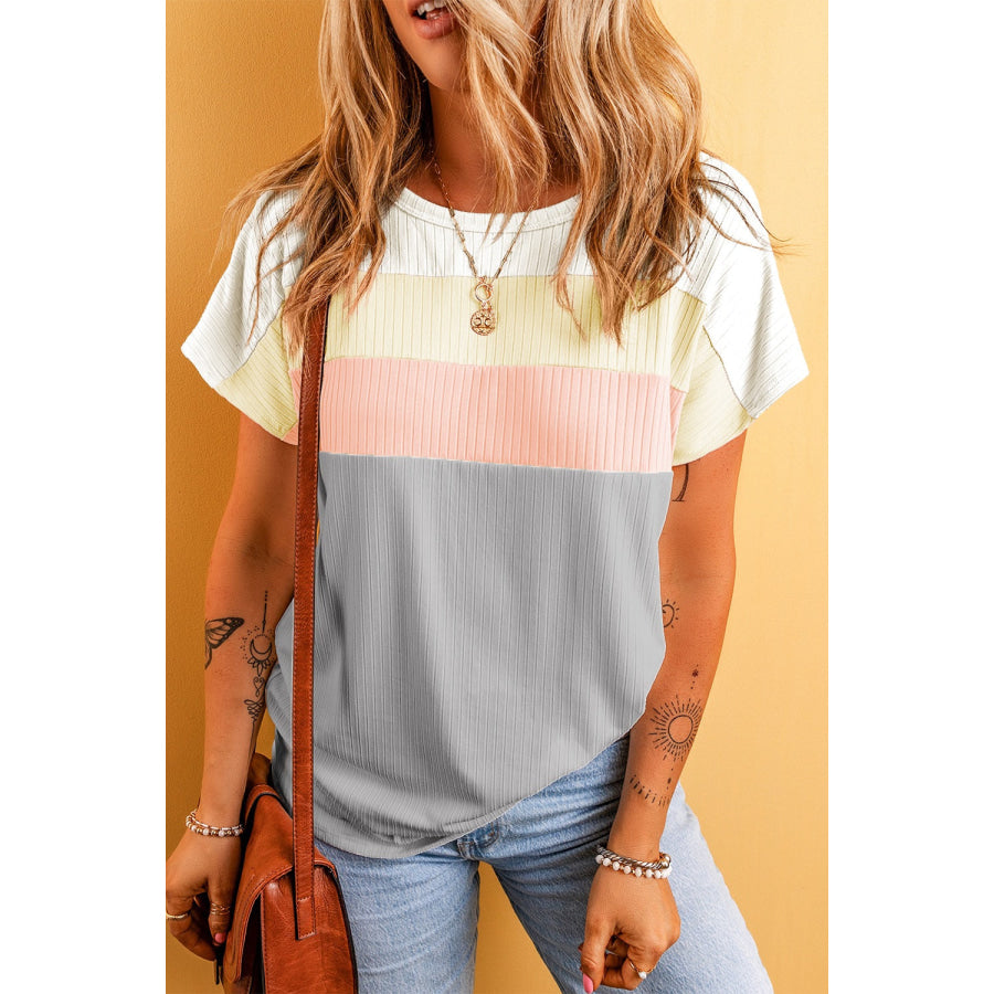 Color Block Round Neck Short Sleeve T - Shirt Apparel and Accessories
