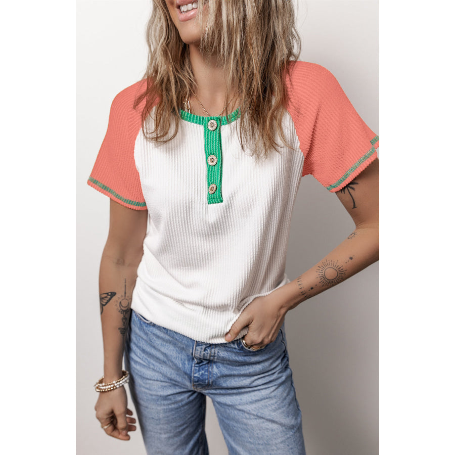 Color Block Round Neck Short Sleeve T-Shirt Apparel and Accessories