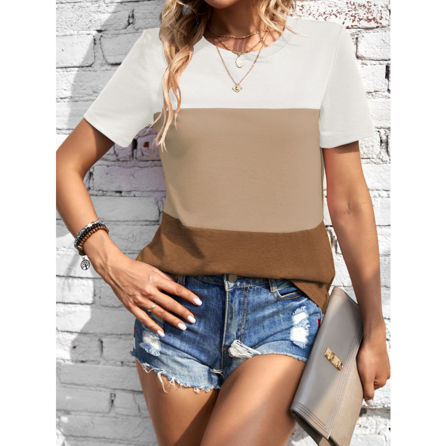 Color Block Round Neck Short Sleeve T-Shirt Apparel and Accessories