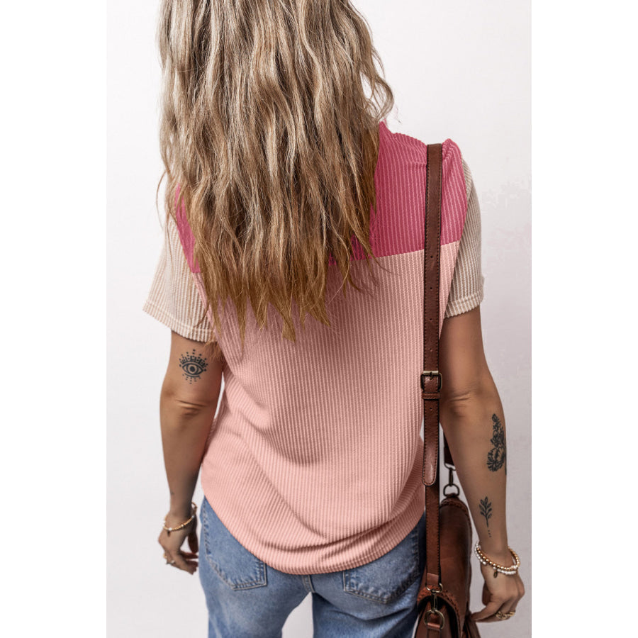 Color Block Round Neck Short Sleeve T - Shirt Blush Pink / S Apparel and Accessories