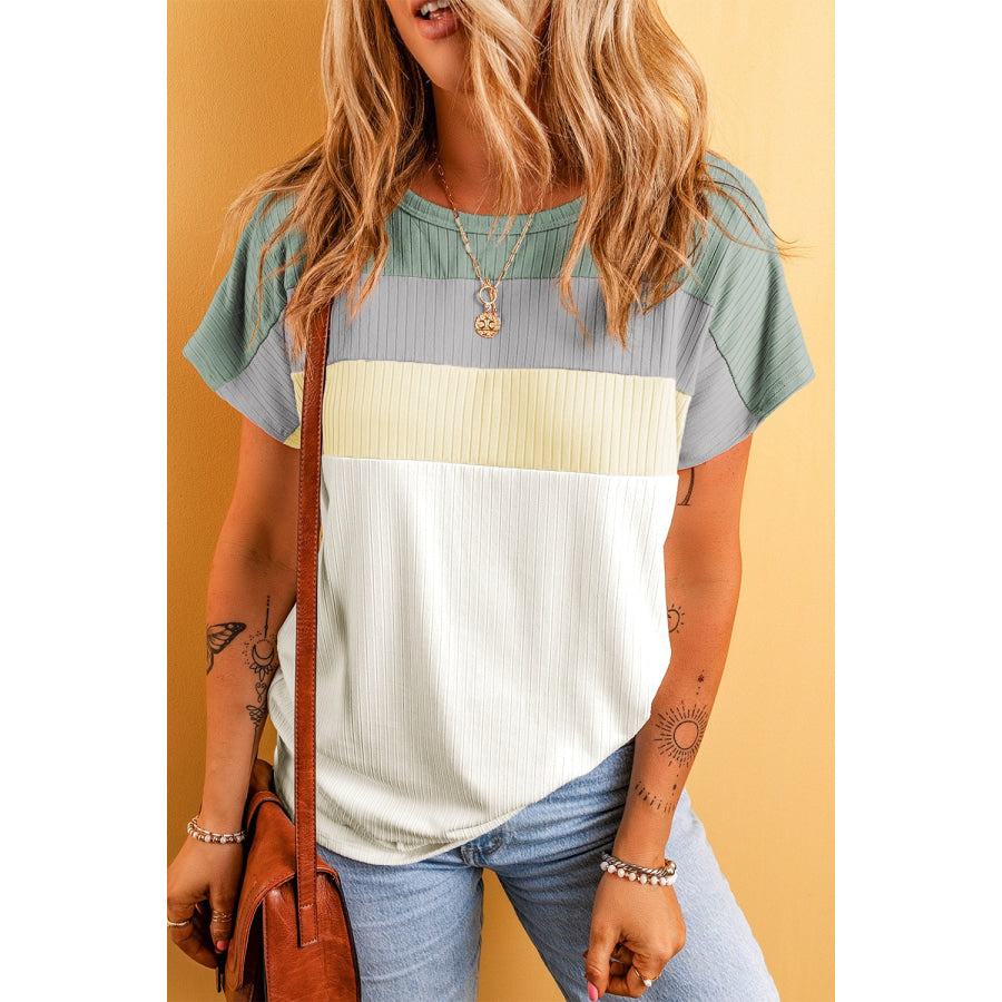 Color Block Round Neck Short Sleeve T - Shirt Apparel and Accessories