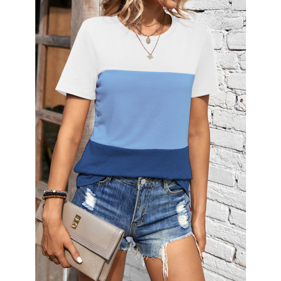 Color Block Round Neck Short Sleeve T-Shirt Apparel and Accessories