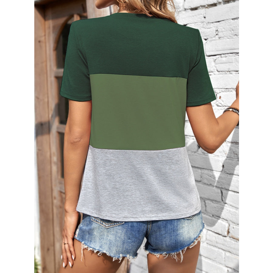 Color Block Round Neck Short Sleeve T-Shirt Apparel and Accessories