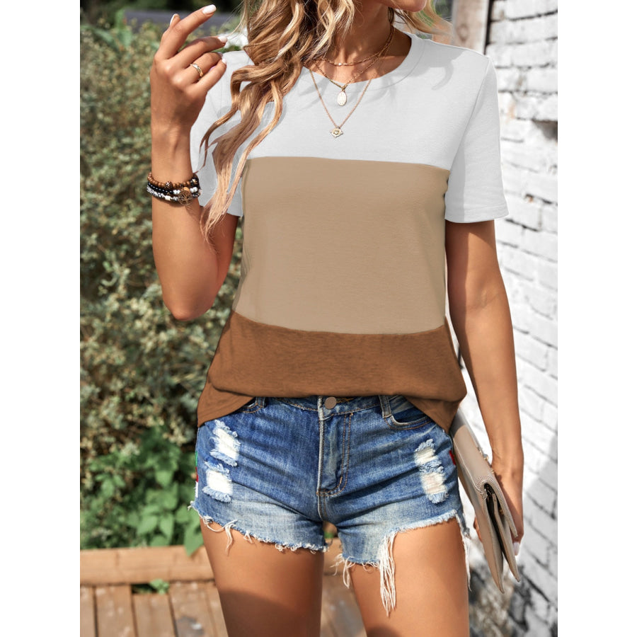 Color Block Round Neck Short Sleeve T-Shirt Apparel and Accessories