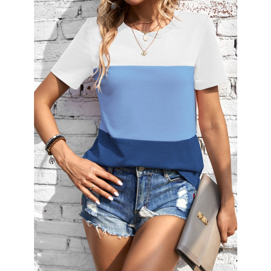 Color Block Round Neck Short Sleeve T-Shirt Apparel and Accessories