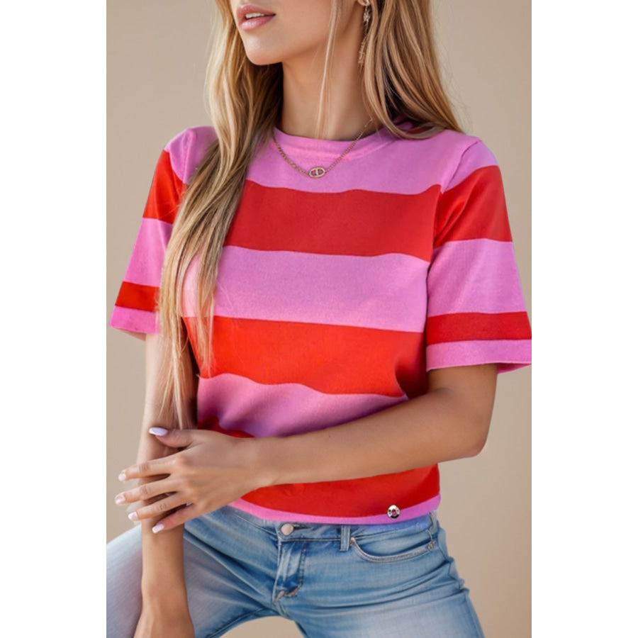 Color Block Round Neck Short Sleeve T-Shirt Pink / S Apparel and Accessories