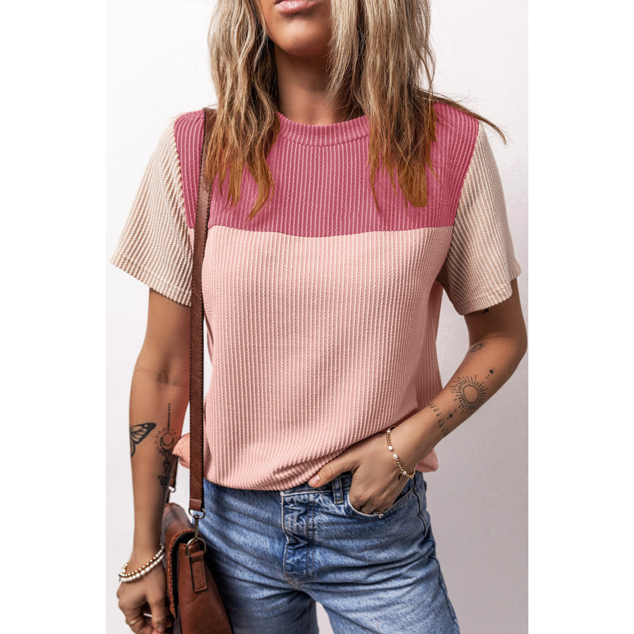 Color Block Round Neck Short Sleeve T - Shirt Blush Pink / S Apparel and Accessories
