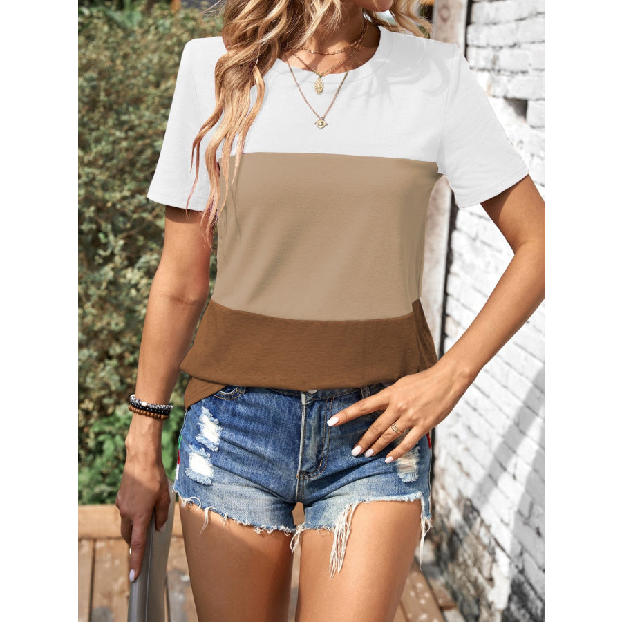 Color Block Round Neck Short Sleeve T-Shirt Camel / S Apparel and Accessories