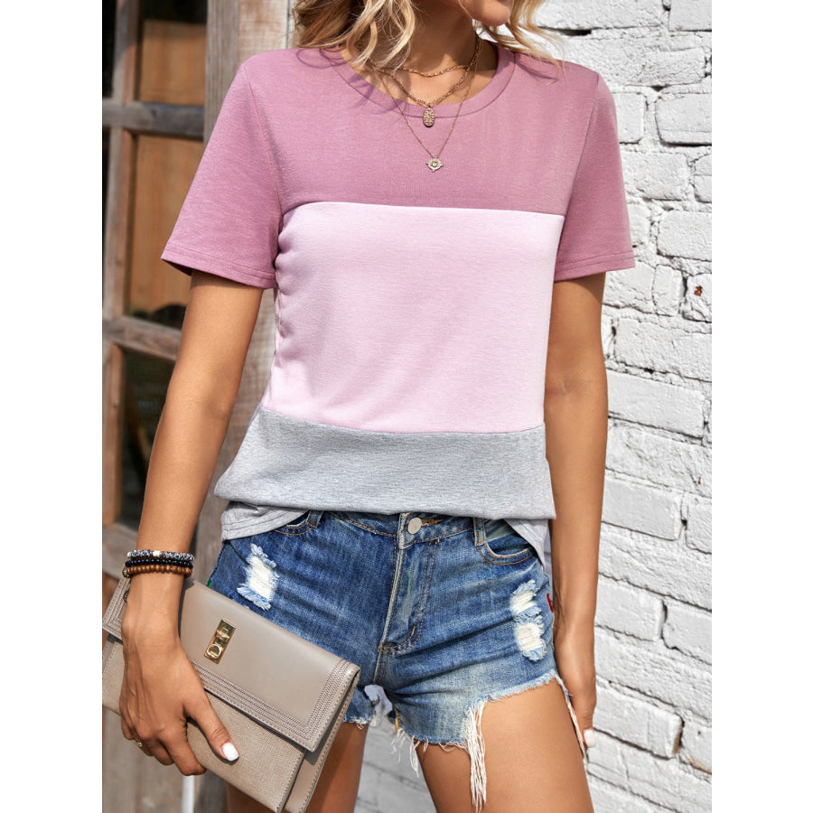 Color Block Round Neck Short Sleeve T-Shirt Dusty Pink / S Apparel and Accessories