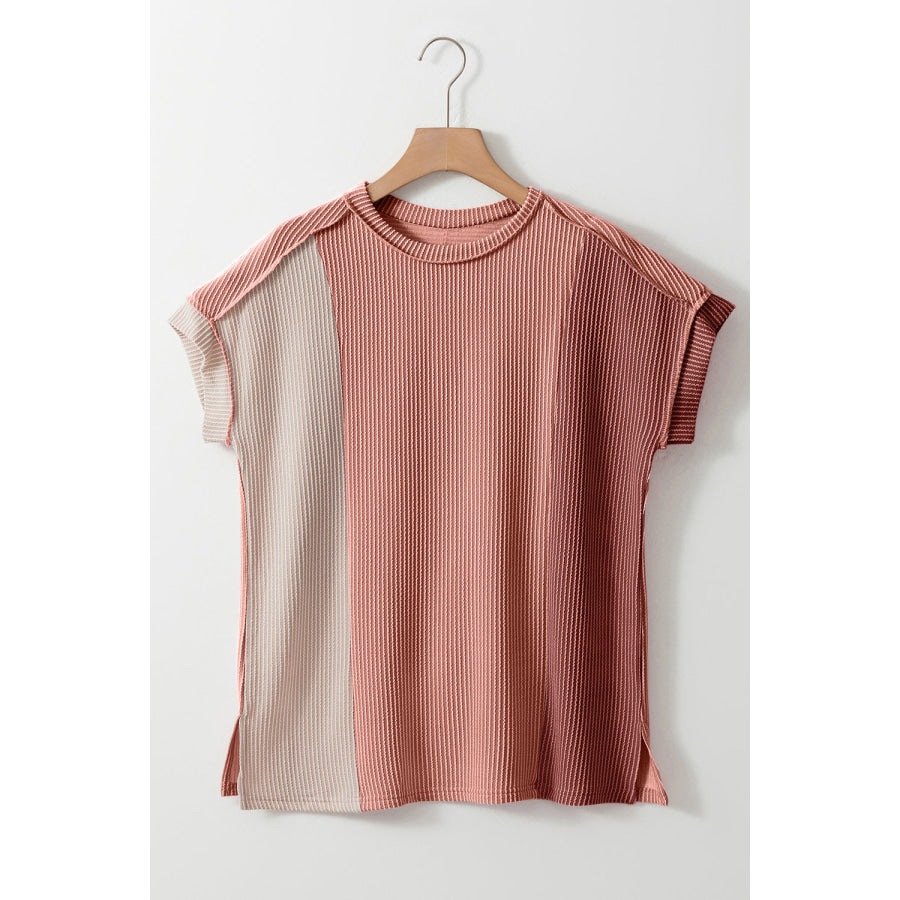 Color Block Round Neck Short Sleeve T-Shirt Dusty Pink / S Shirts &amp; Tops