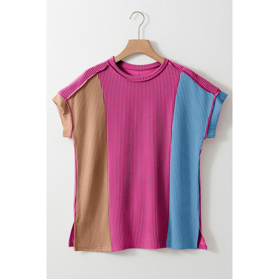 Color Block Round Neck Short Sleeve T-Shirt Hot Pink / S Shirts &amp; Tops