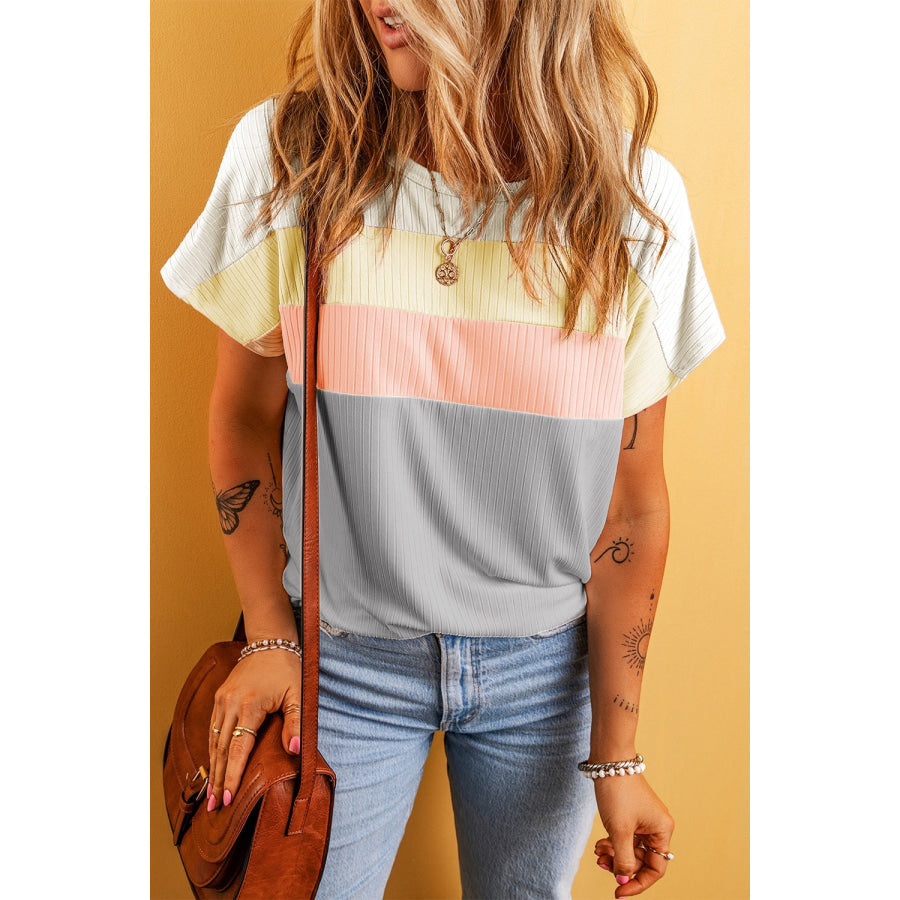 Color Block Round Neck Short Sleeve T - Shirt Pastel Yellow / S Apparel and Accessories