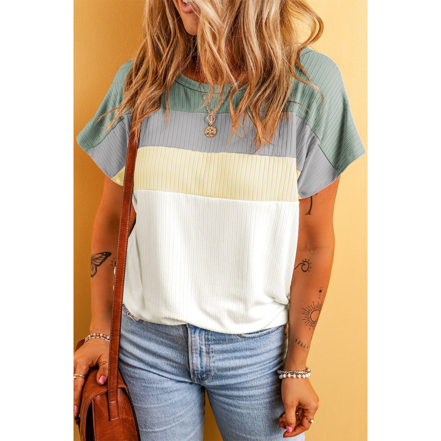 Color Block Round Neck Short Sleeve T - Shirt Sage / S Apparel and Accessories
