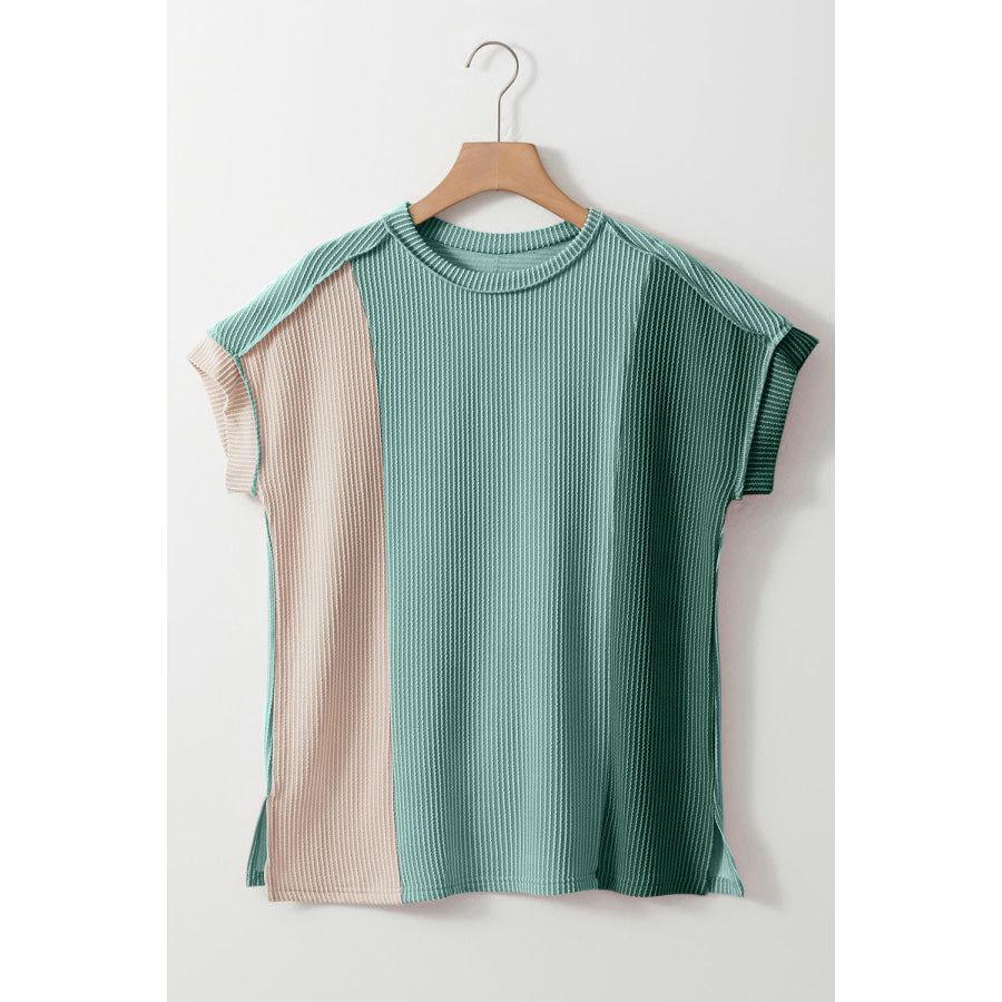 Color Block Round Neck Short Sleeve T-Shirt Sage / S Shirts &amp; Tops