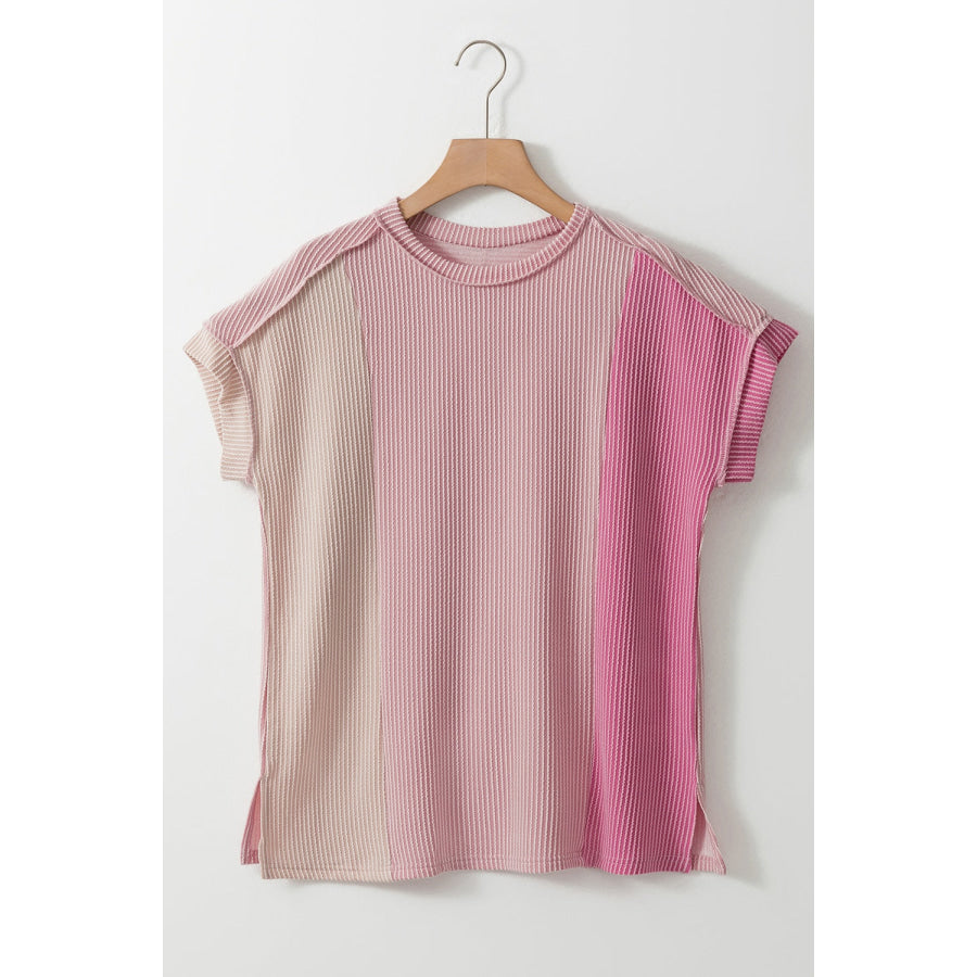 Color Block Round Neck Short Sleeve T-Shirt Blush Pink / S Shirts & Tops