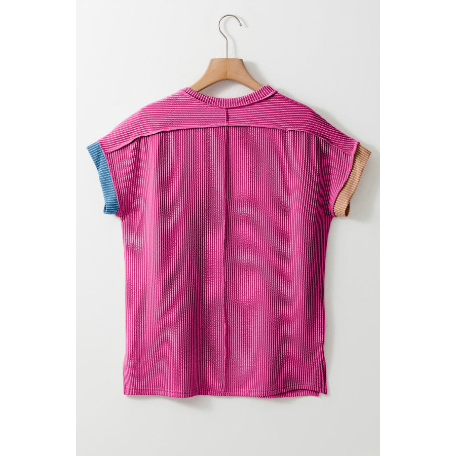 Color Block Round Neck Short Sleeve T-Shirt Shirts &amp; Tops
