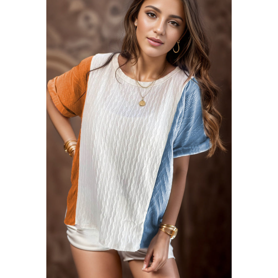 Color Block Round Neck Short Sleeve T - Shirt White / S Apparel and Accessories