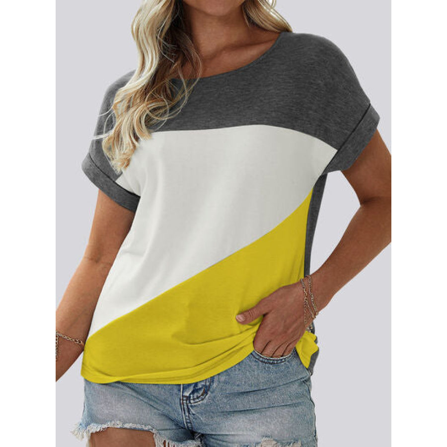 Color Block Round Neck Short Sleeve T - Shirt White / S Apparel and Accessories