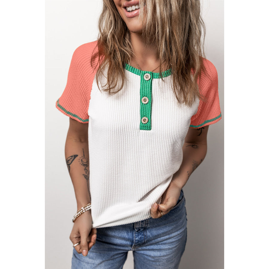 Color Block Round Neck Short Sleeve T-Shirt White / S Apparel and Accessories