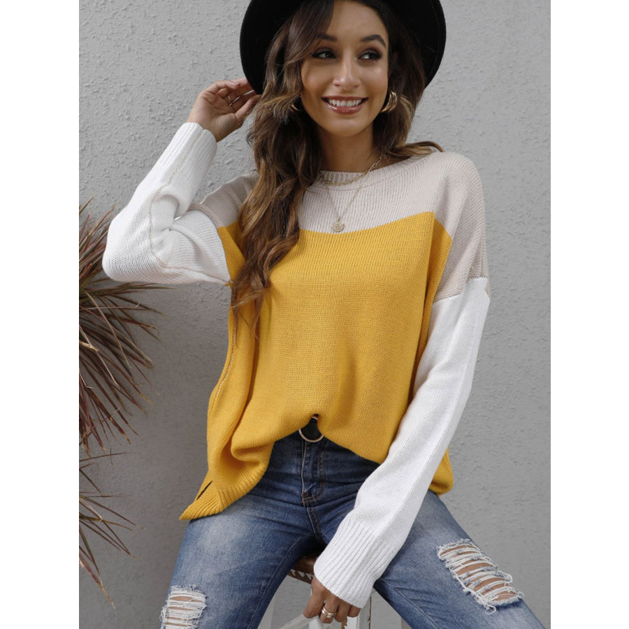 Color Block Round Neck Sweater Apparel and Accessories