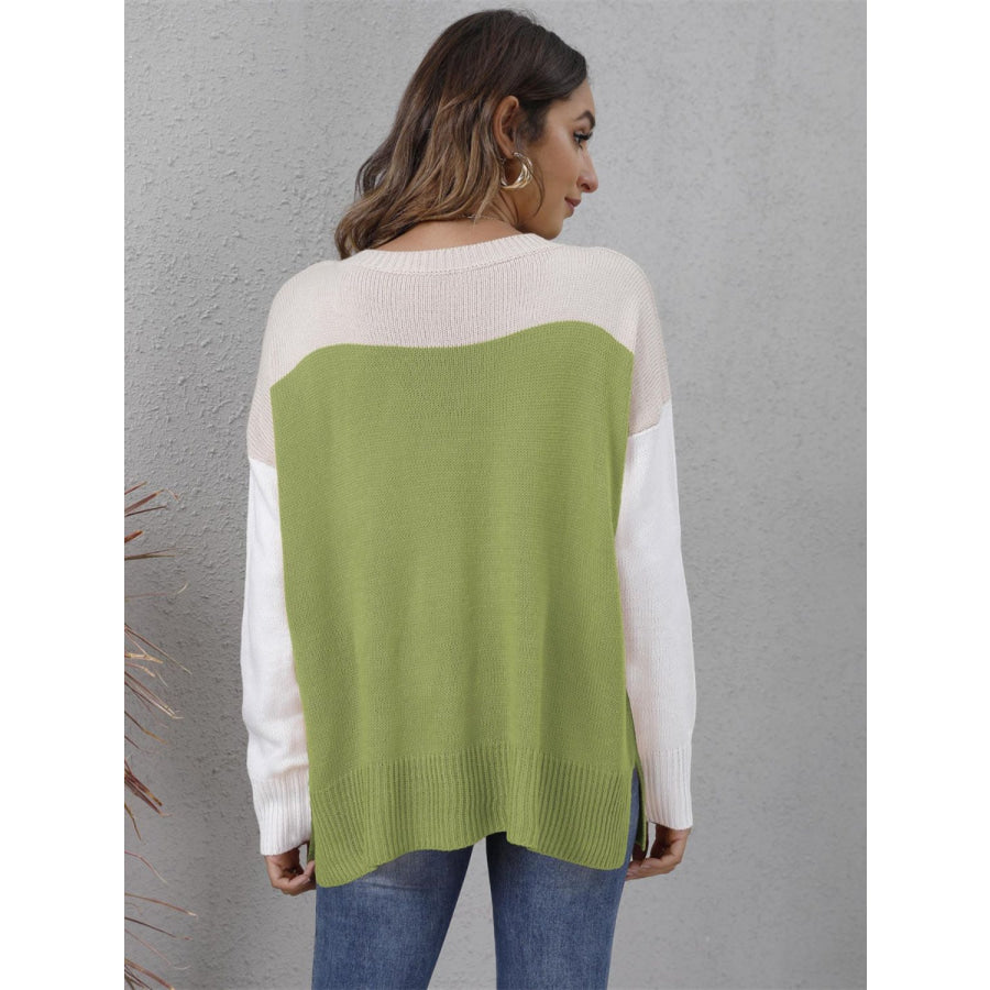 Color Block Round Neck Sweater Apparel and Accessories