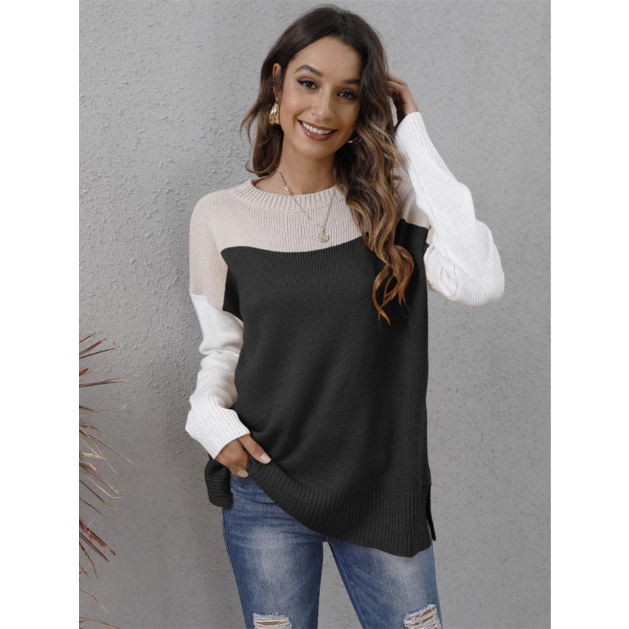 Color Block Round Neck Sweater Apparel and Accessories