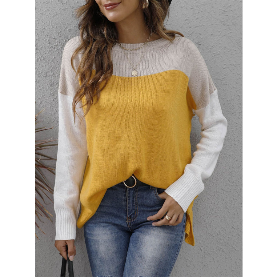 Color Block Round Neck Sweater Apparel and Accessories