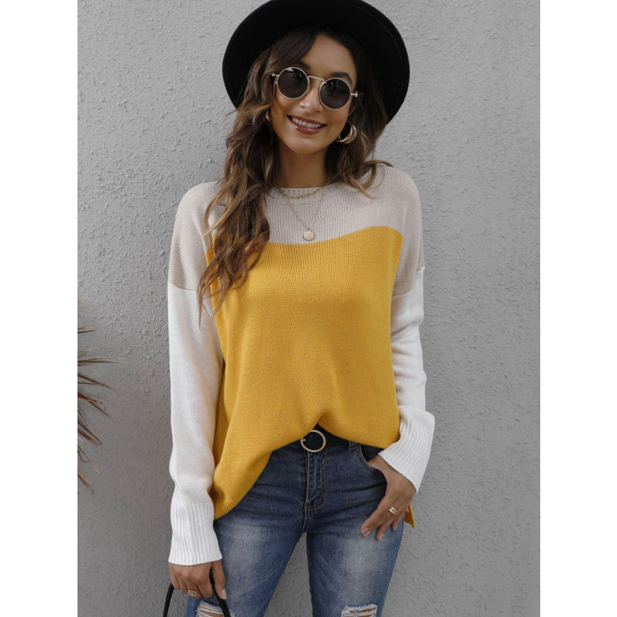 Color Block Round Neck Sweater Apparel and Accessories