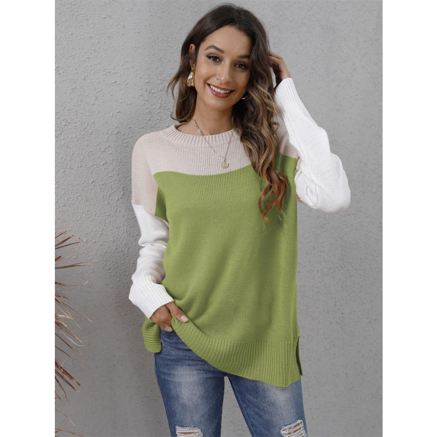 Color Block Round Neck Sweater Apparel and Accessories